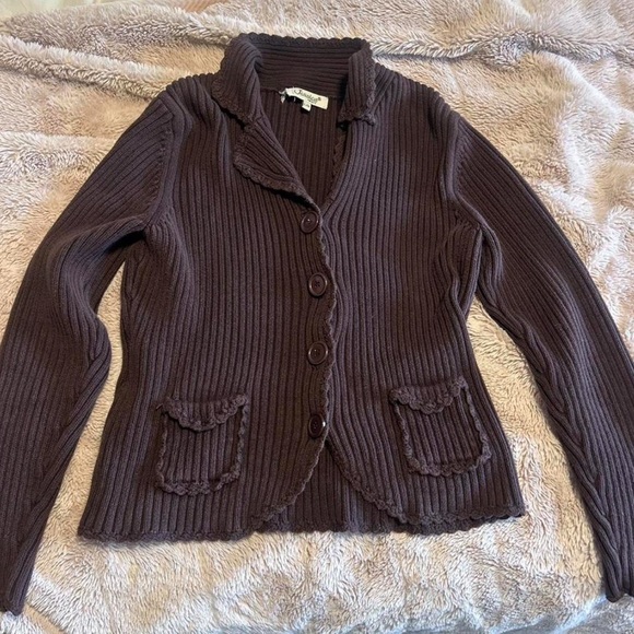 Brown Ribbed Cardigan Sweater - Picture 3 of 6